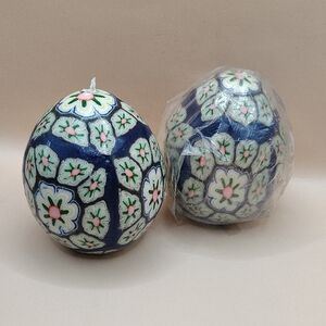 Vintage Large Millefiori Wax Egg Shaped Candles Floral Design Blue Green Pink